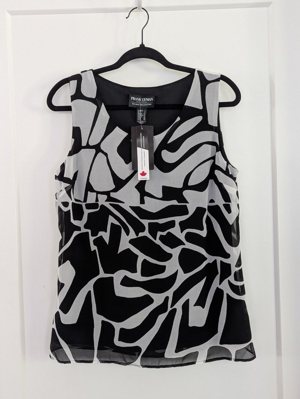 Frank Lyman Womens Sz4 Black White Sheer Lined Sleeveless Blouse Designer Money